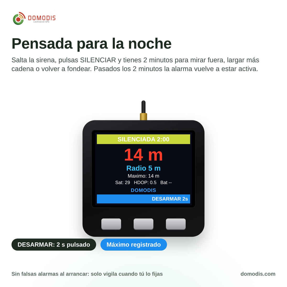 Función silenciar 2 minutos y desarmar de la alarma de fondeo GPS Domodis
