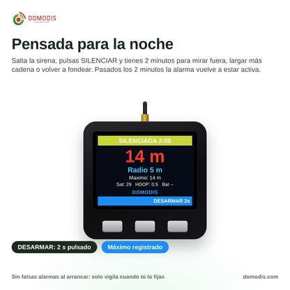 Función silenciar 2 minutos y desarmar de la alarma de fondeo GPS Domodis